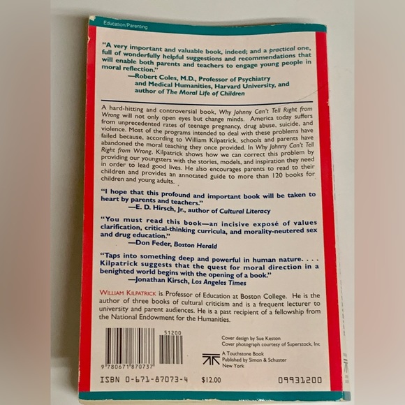 WHY JOHNNY CAN’T TELL RIGHT FROM WRONG by William Kilpatrick Paperback Book - Picture 5 of 6